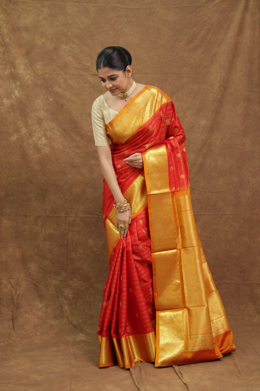 Crimson Red Venkatgiri Silk Saree with Gold Woven Border & Rich Pallu