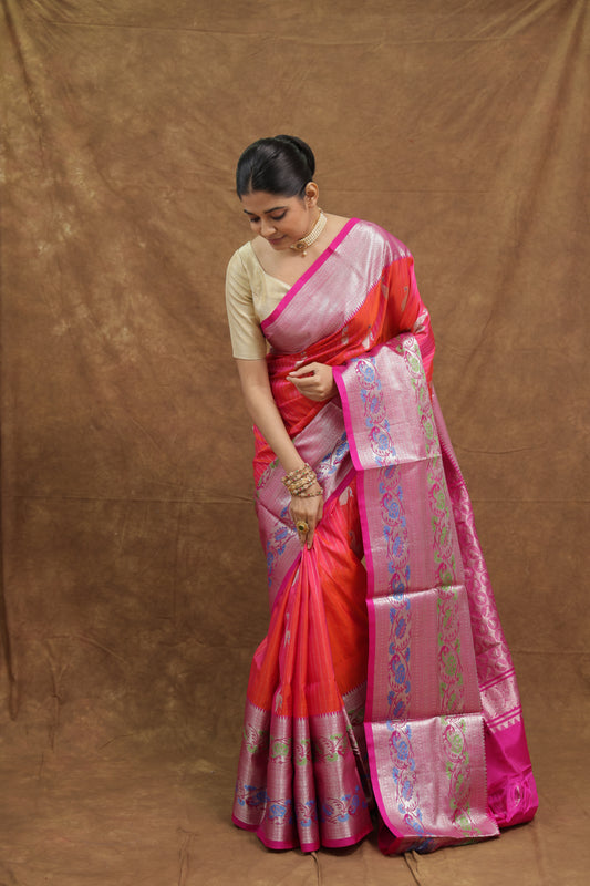 Rani Pink Venkatgiri Silk Saree with Silver Woven Border & Floral Pallu