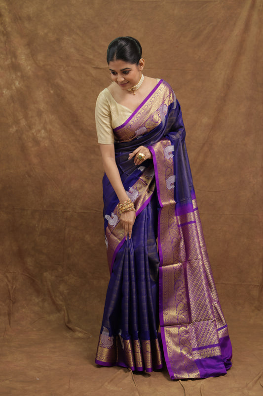 Royal Indigo Venkatgiri Silk Saree with Gold Woven Border & Rich Pallu