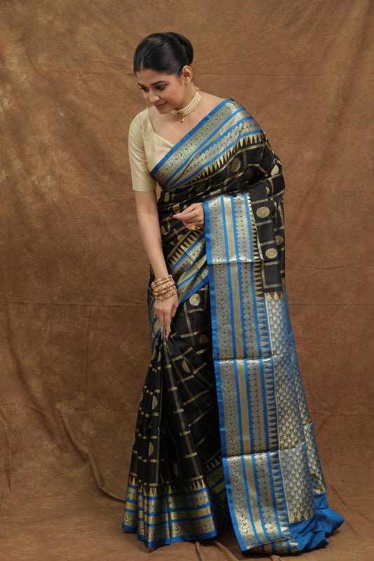 Midnight Black & Royal Blue Venkatgiri Silk Saree with Gold Woven Border