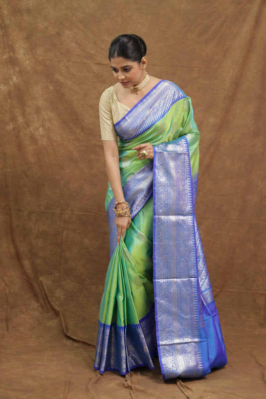 Leaf Green & Royal Blue Venkatgiri Silk Saree with Silver Woven Border