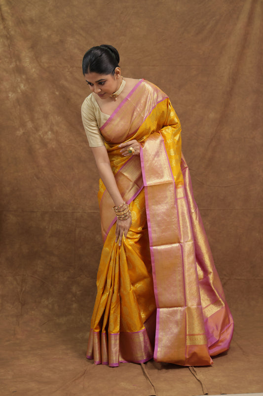 Mustard Yellow & Blush Pink Venkatgiri Silk Saree with Gold Woven Border