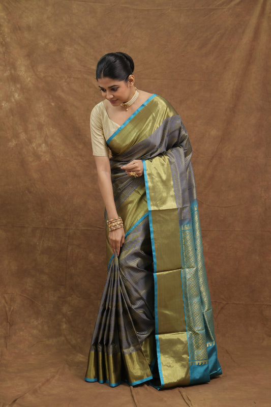 Slate Grey & Aqua Blue Venkatgiri Silk Saree with Gold Woven Border
