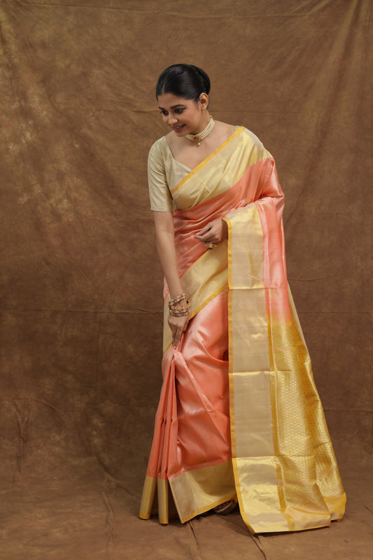 Peach Pink & Lemon Yellow Venkatgiri Silk Saree with Gold Woven Border