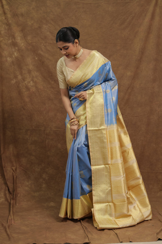 Sky Blue & Golden Yellow Venkatgiri Silk Saree with Gold Woven Border