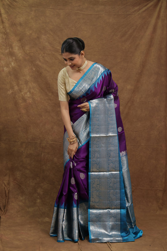 Royal Purple Venkatgiri Silk Saree with Silver Woven Border & Sky Blue Pallu