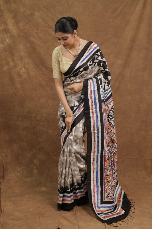 Stone Grey Venkatgiri Silk Saree with Multicolour Woven Border & Artistic Pallu