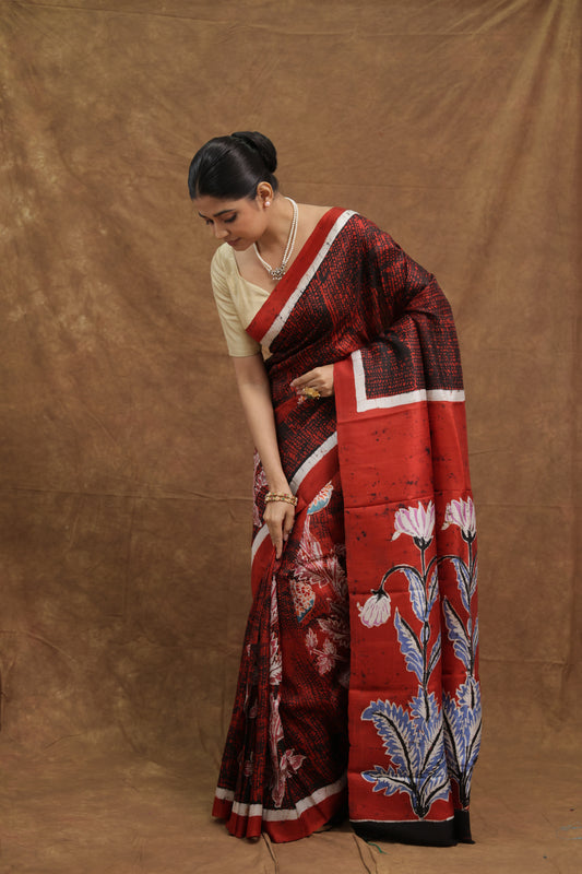 Maroon Batik Silk Saree with Handcrafted Floral Pallu