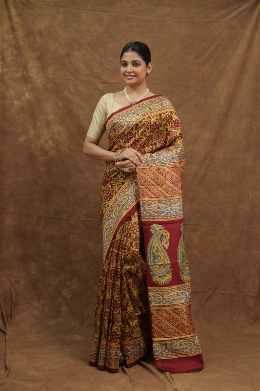Mustard Yellow & Crimson Batik Silk Saree with Artistic Paisley Pallu