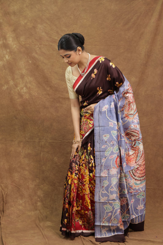 Wine Brown Batik Silk Saree with Artistic Multicolour Pallu