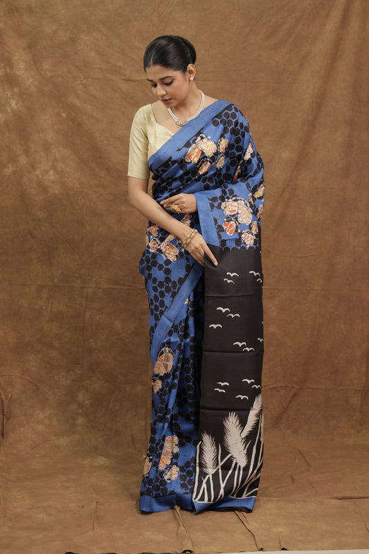 Royal Blue Batik Silk Saree with Floral Motifs & Artistic Black Pallu