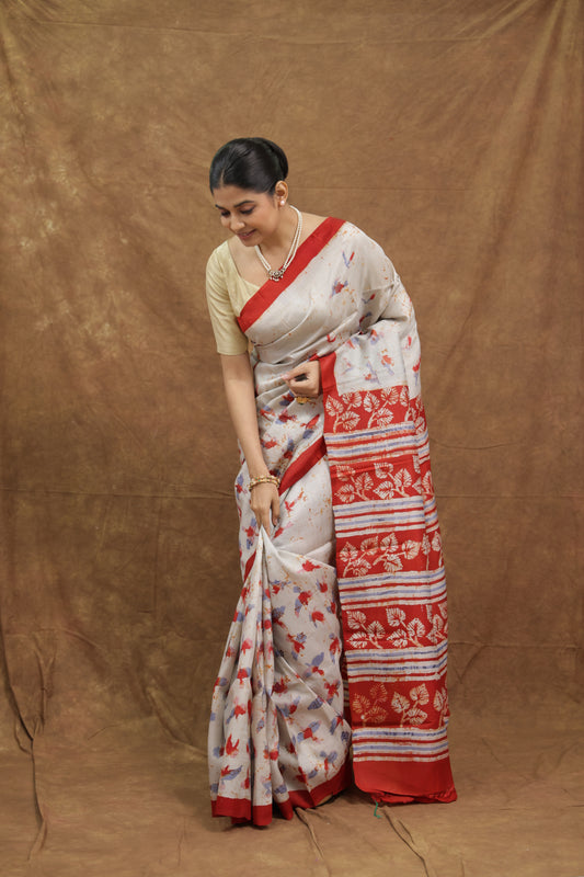 Ivory White Batik Silk Saree with Red Heritage Border & Floral Motifs