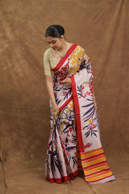 Ivory White Batik Silk Saree with Multicolour Floral Print & Red Border