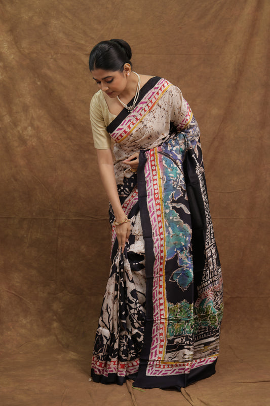 Ivory & Black Batik Silk Saree with Multicolour Artistic Border