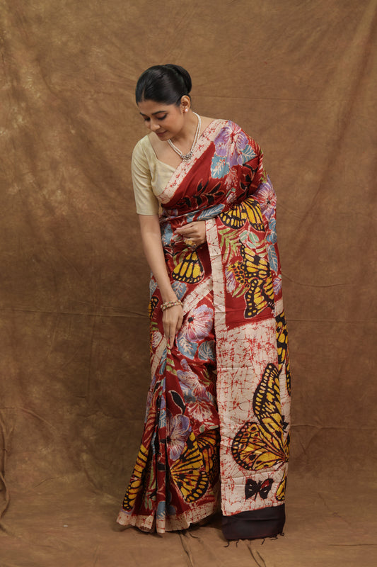 Rust Red Batik Silk Saree with Artistic Multicolour Heritage Print