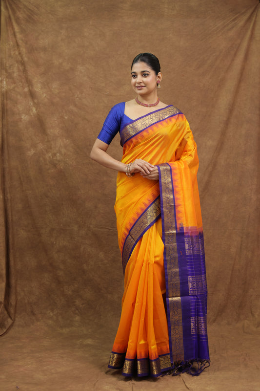 Vibrant Orange Kanchipuram SICO Saree with Royal Blue Border & Rich Pallu