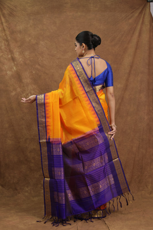 Vibrant Orange Kanchipuram SICO Saree with Royal Blue Border & Rich Pallu
