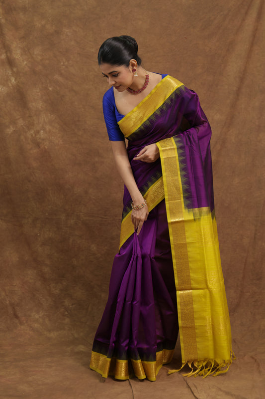 Royal Purple Kanchipuram SICO Saree with Mustard Yellow Border & Rich Pallu