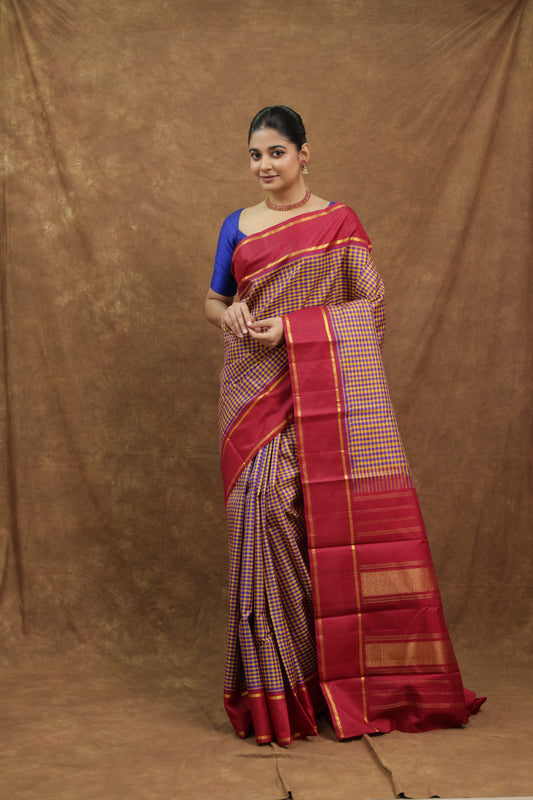 Wine Purple Kanjeewaram Silk Saree with Rani Pink Border & Rich Gold Woven Pallu