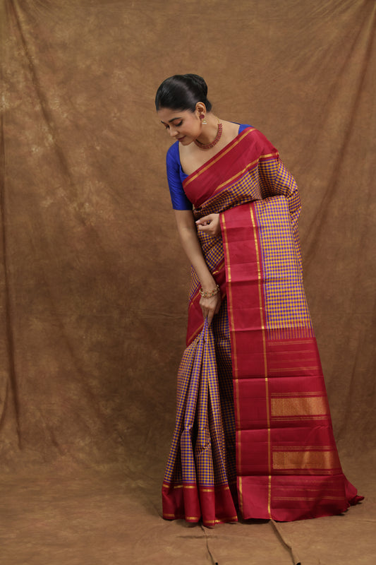 Wine Purple Kanjeewaram Silk Saree with Rani Pink Border & Rich Gold Woven Pallu