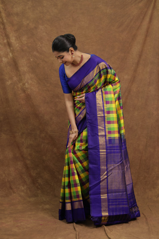 Multicolour Checked Kanjeewaram Silk Saree with Royal Purple Border & Rich Pallu