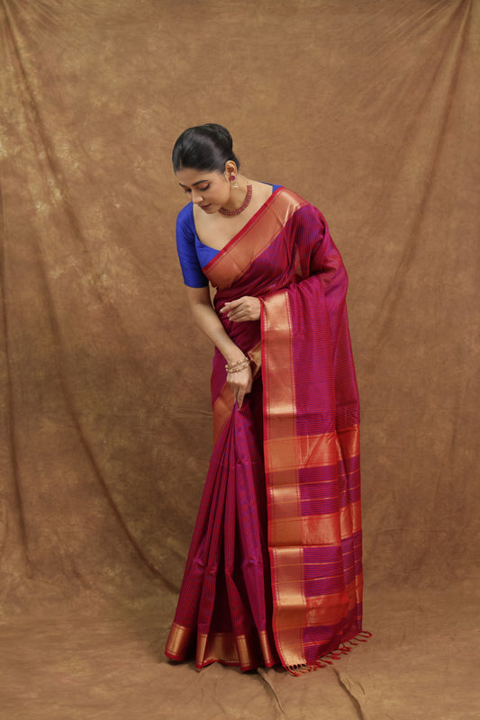 Rani Pink Maheshwari SICO Saree with Gold Woven Border & Rich Pallu