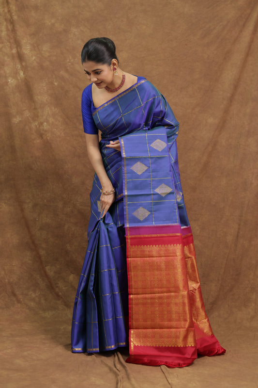 Royal Blue Kanjeewaram Silk Saree with Coral Orange Border & Rich Woven Pallu