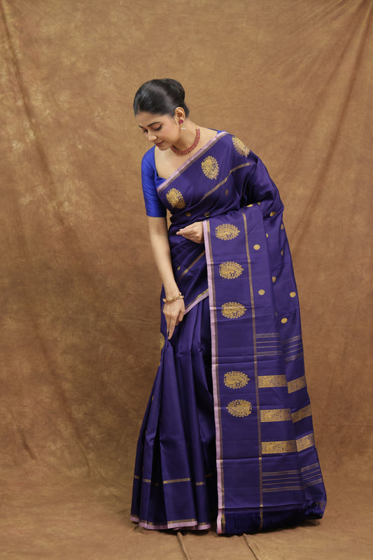 Royal Indigo Kanjeewaram Silk Saree with Antique Gold Motifs & Rich Woven Pallu