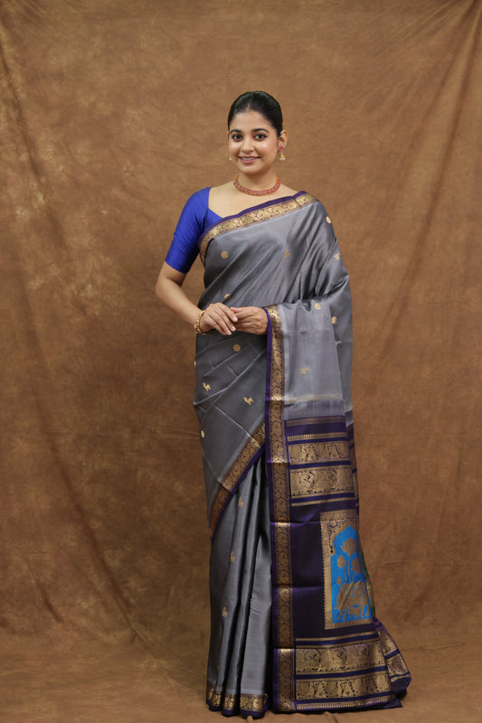 Steel Grey Kanjeewaram Silk Saree with Royal Blue Border & Temple Woven Pallu