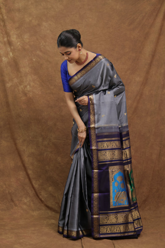 Steel Grey Kanjeewaram Silk Saree with Royal Blue Border & Temple Woven Pallu
