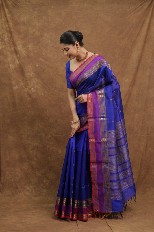 Royal Blue Kanchipuram Silk Saree with Magenta Border & Gold Woven Pallu