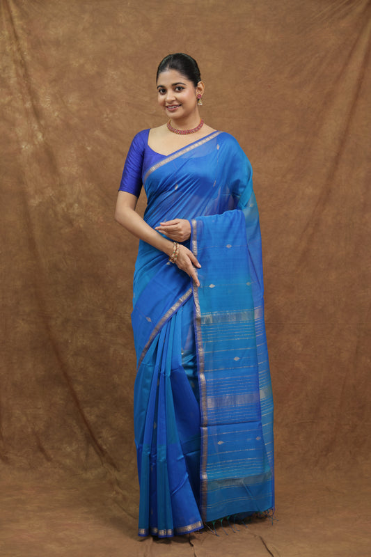 Blue Maheshwari SICO Saree with Silver Woven Border & Elegant Pallu
