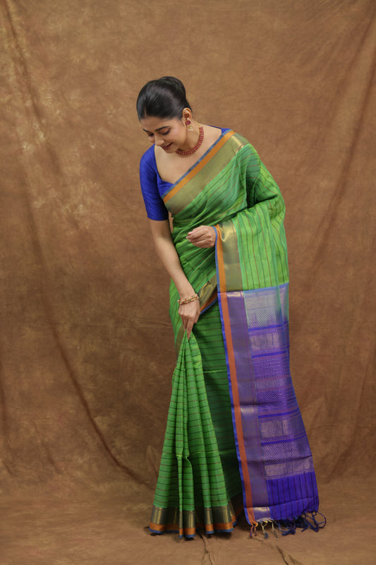 Parrot Green Kanchipuram SICO Saree with Royal Blue Border & Rich Woven Pallu