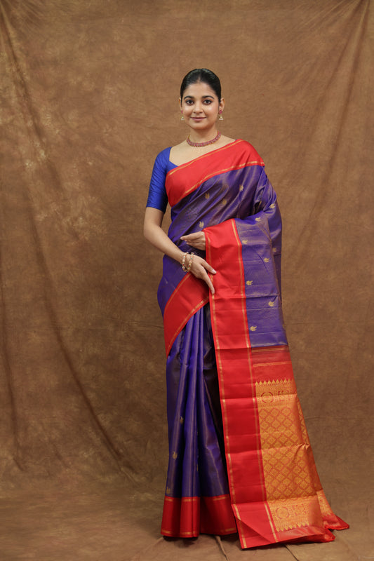 Royal Purple Kanjeewaram Silk Saree with Crimson Red Border & Rich Gold Woven Pallu