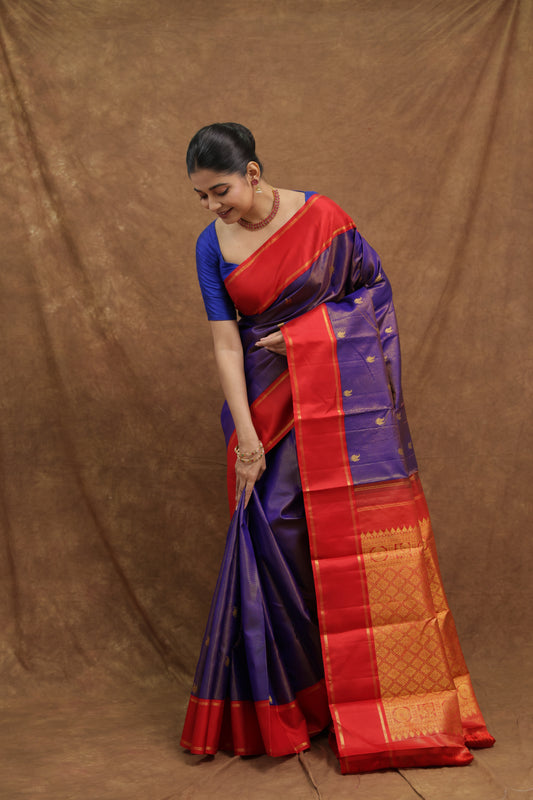 Royal Purple Kanjeewaram Silk Saree with Crimson Red Border & Rich Gold Woven Pallu