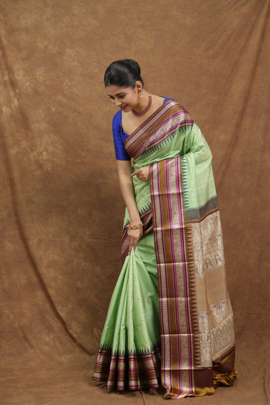Mint Green Kanjeewaram Silk Saree with Maroon Border & Rich Woven Pallu