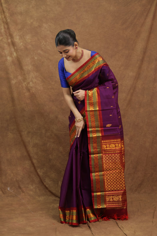 Royal Purple Gadwal SICO Saree with Mustard Gold Border & Rich Woven Pallu