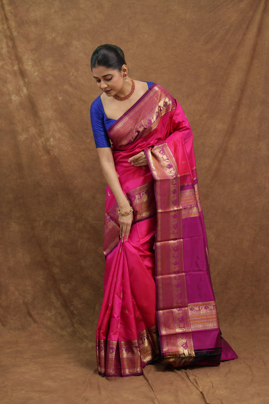 Rani Pink Kanjeewaram Silk Saree with Purple Border & Rich Gold Woven Pallu