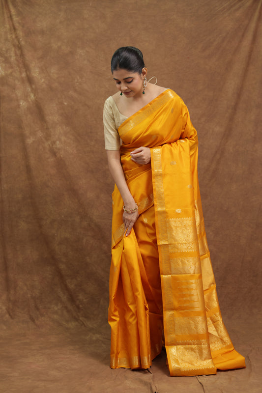 Mustard Yellow Kanjeewaram Silk Saree with Gold Woven Border & Rich Pallu