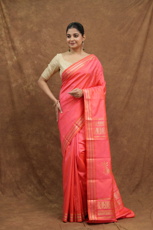 Coral Pink Kanjeewaram Silk Saree with Gold Woven Border & Rich Pallu
