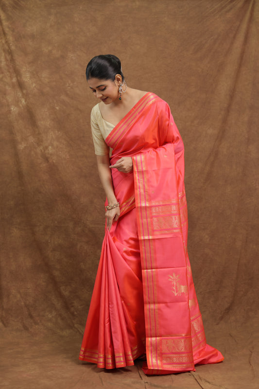 Coral Pink Kanjeewaram Silk Saree with Gold Woven Border & Rich Pallu