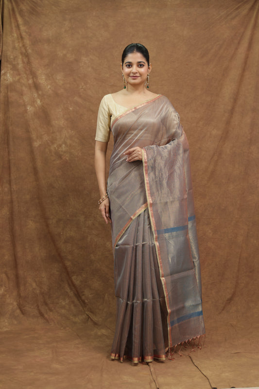 Taupe Brown Maheshwari SICO Saree with Blue Border & Elegant Striped Pallu