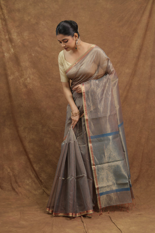 Taupe Brown Maheshwari SICO Saree with Blue Border & Elegant Striped Pallu