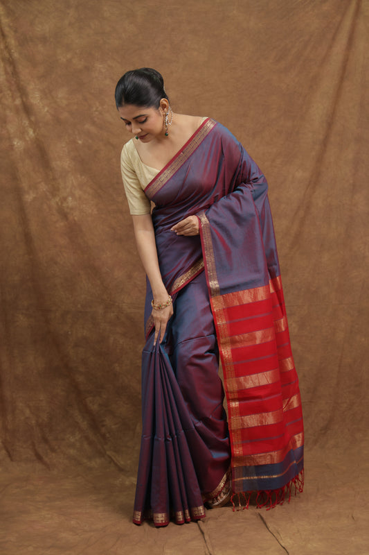 Dusty Purple Maheshwari SICO Saree with Crimson Red Border & Striped Pallu