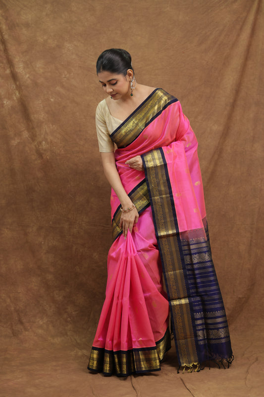 Rani Pink Kanchipuram SICO Saree with Olive Green Border & Rich Checked Pallu