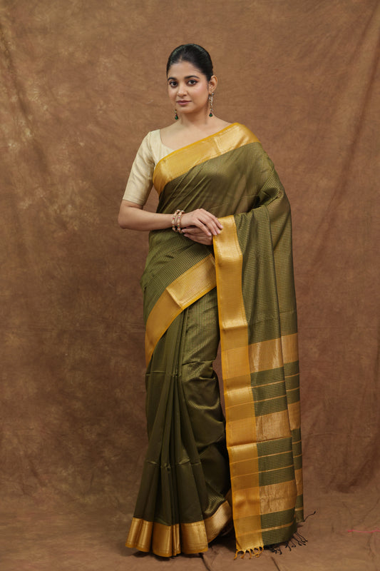 Olive Green Maheshwari SICO Saree with Mustard Gold Border & Rich Striped Pallu