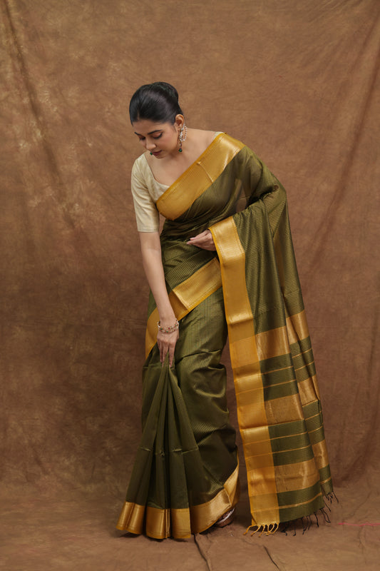 Olive Green Maheshwari SICO Saree with Mustard Gold Border & Rich Striped Pallu