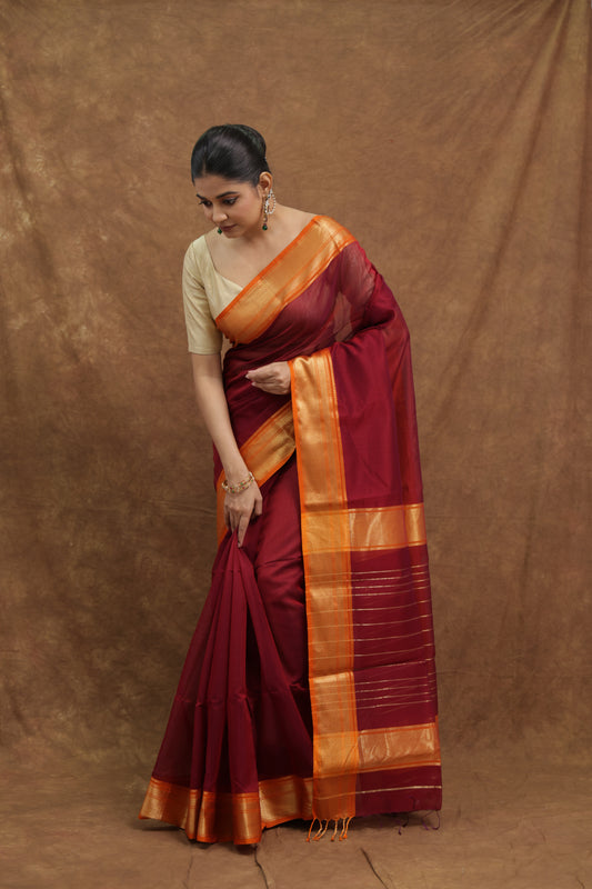 Deep Maroon Maheshwari SICO Saree with Mustard Gold Border & Rich Striped Pallu