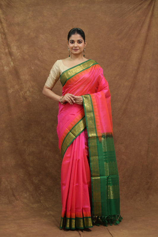Rani Pink Kanchipuram SICO Saree with Emerald Green Border & Rich Woven Pallu
