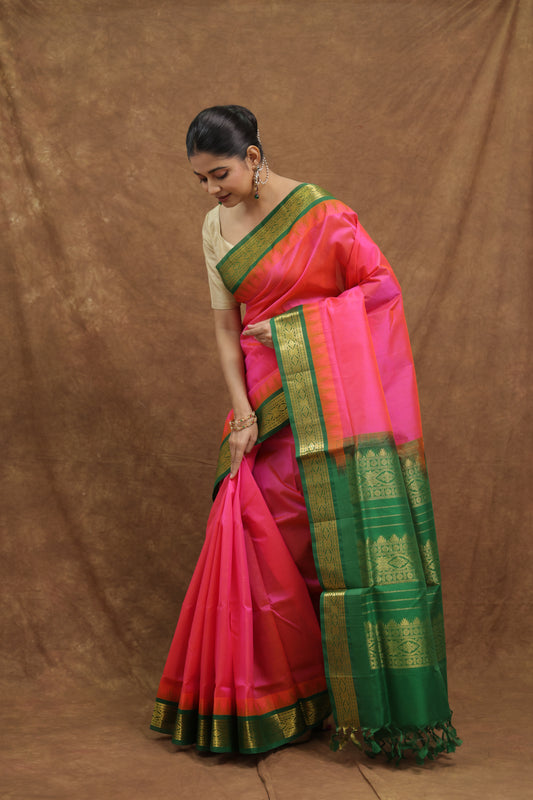 Rani Pink Kanchipuram SICO Saree with Emerald Green Border & Rich Woven Pallu